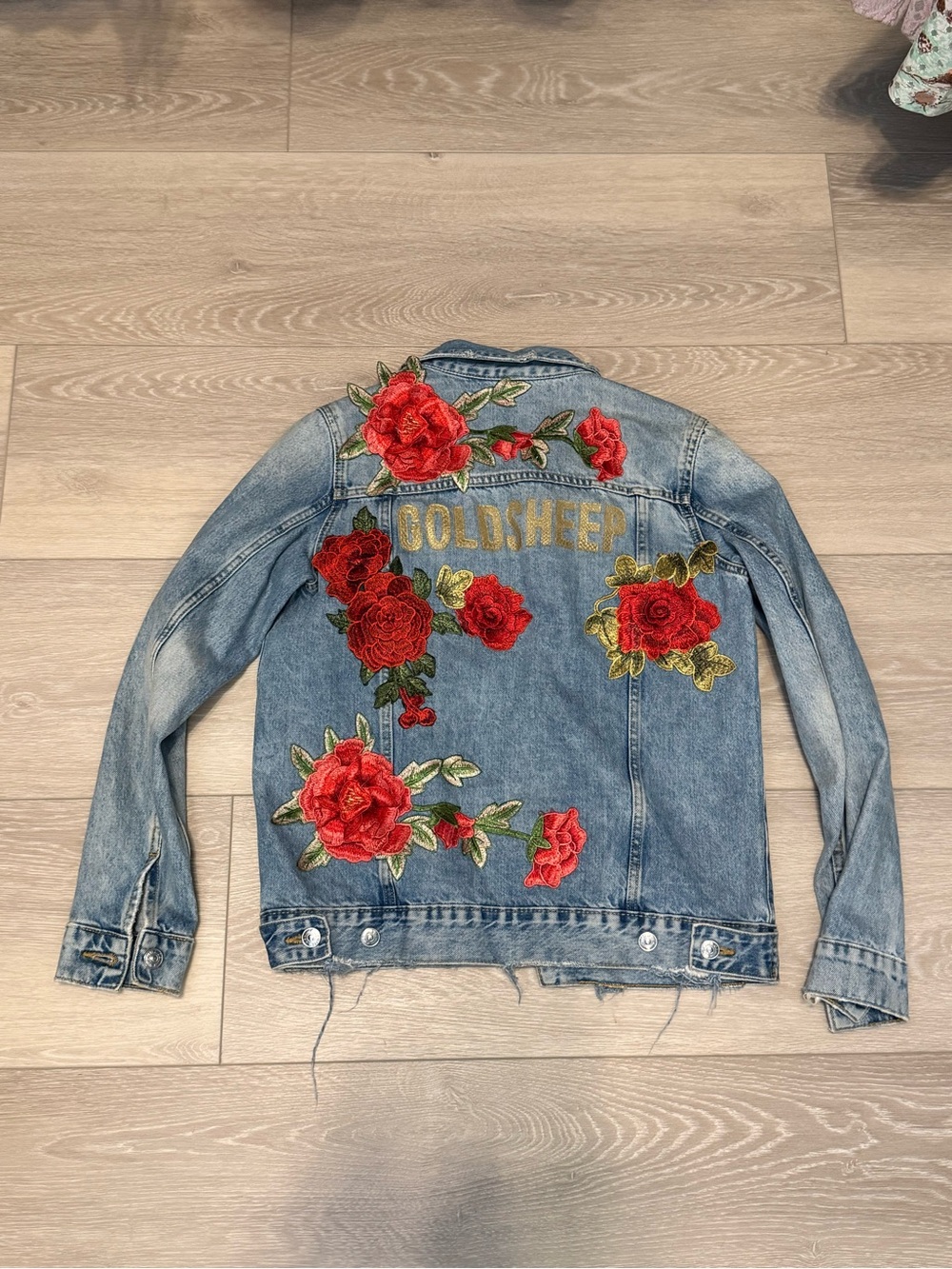 Goldsheep Custom Floral Appliqué Distressed Denim Jacket Statement Piece